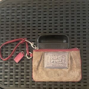 Coach Poppy Beige and Burgundy Wristlet Case